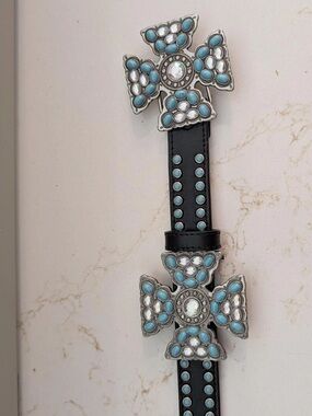 SSM black leather belt turquoise studs and turquoise cross Conchos L EUC